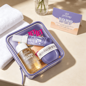 Purple Scented 3-Piece Travel Body Care Gift Set, Shower Oil, Body Butter & Fragrance Spray, Tropical Sweet Scent Mini Bath & Body Travel Kit